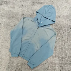 Heavyweight Rhinestone Blank Vintage Sun Faded Acid Wash Zip Up Oversized Hoodie
