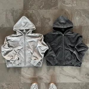 Zip Up Heavyweight Cotton Terry Hoodie With Box Fit And Distressed Patch Embroidery Seasonal Essential