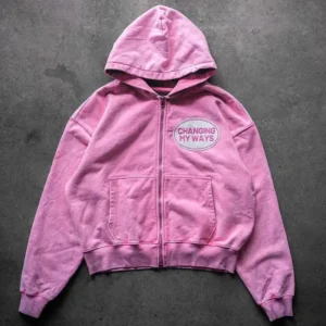 Pink Snow Washed Distressed Embroidery Patch Heavyweight Boxy Fit Drop Shoulder Cotton Cropped Zip Up Hoodie