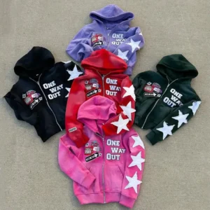 Acid Wash French Terry Hoodie Custom Streetwear Boxy Cropped Distressed Vintage Embroidery Patch Zip Up Hoodie