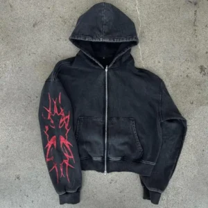 Screen Print Distressed No Drawstring Double Zip Up Acid Wash Heavy Weight Boxy Cropped Hoodie