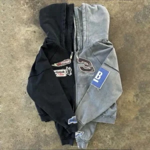 Reversible Stitch Hoodie Applique Distressed Embroidery Stone Wash Oversized Double Hooded Zip Up Hoodie