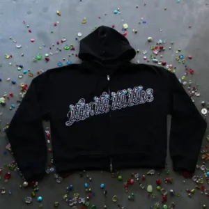 Cotton Heavyweight Embroidery Distressed Acid Wash Boxy Cropped Zip Up Rhinestone Hoodie
