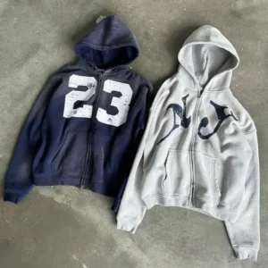 Oversized Screen Print Premium Cotton Washed Vintage Double Zip Up Hoodie