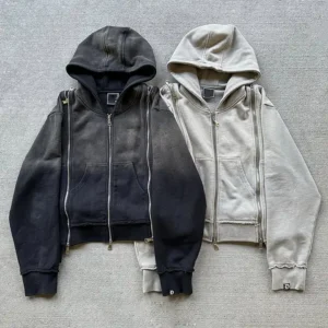 Custom Patch Triple Zip Up Heavy Weight French Terry Faded Acid Wash Hoodie