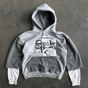 Grey Custom Patchwork Embroidery And Double Layer Waffle Sleeve Hoodie