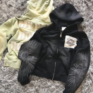 Anti Pilling French Terry Oversized Box Hoodie With Distressed Embroidery Patch