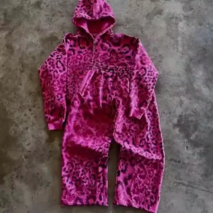 Custom French Terry Tracksuits Leopard Print Zipper Baggy 2-Piece Set