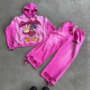 Streetwear Rhinestone Zip-Up Acid Wash Sun-Faded Tracksuit