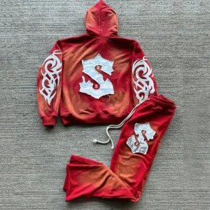 Customized Colorful Embroidery Logo 2 Piece Jogger Set Flared Sweatpant Distressed