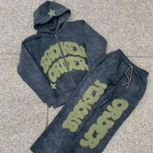 Vintage Distressed Patch Applique Embroidery Hoodie Set