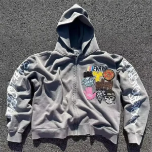 Stone Acid Wash Cropped Boxy Embroidered Zip Up Embroidered Vintage Hoodie