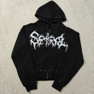 Distressed Embroidery Boxy Cropped Zipper Heavyweight Rhinestone Hoodie