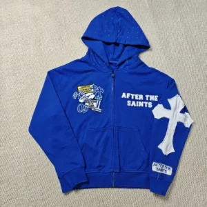 Custom Streetwear Heavyweight Distressed Embroidery Cotton French Terry Rhinestone Zip Up Hoodie
