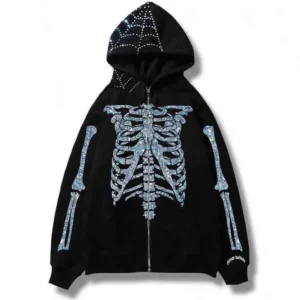 Custom Design Full Zip Up Hoodie With Double Layer Embroidery And Rhinestone Bling
