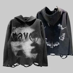DTG Acid Wash Distressed Ripped Raw Hem Crop Needle Detection Fabric Hoodie