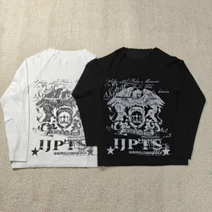 Custom DTG Print Graphic Vintage Raw Hem Crew Neck Waffle Knit Thermal Long Sleeve T-Shirt