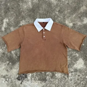 Cotton Vintage Acid Wash Boxy Cropped Homme Short Sleeve Polo T Shirt