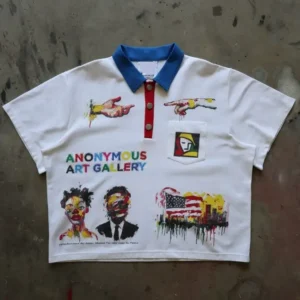 Custom Streetwear Vintage Cotton Graphic Print Short Sleeve Button Up Collared Boxy Polo T Shirt