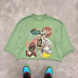 Printed Cropped Colorful Heavyweight Printed Graphic 3/4 Sleeve T Shirt