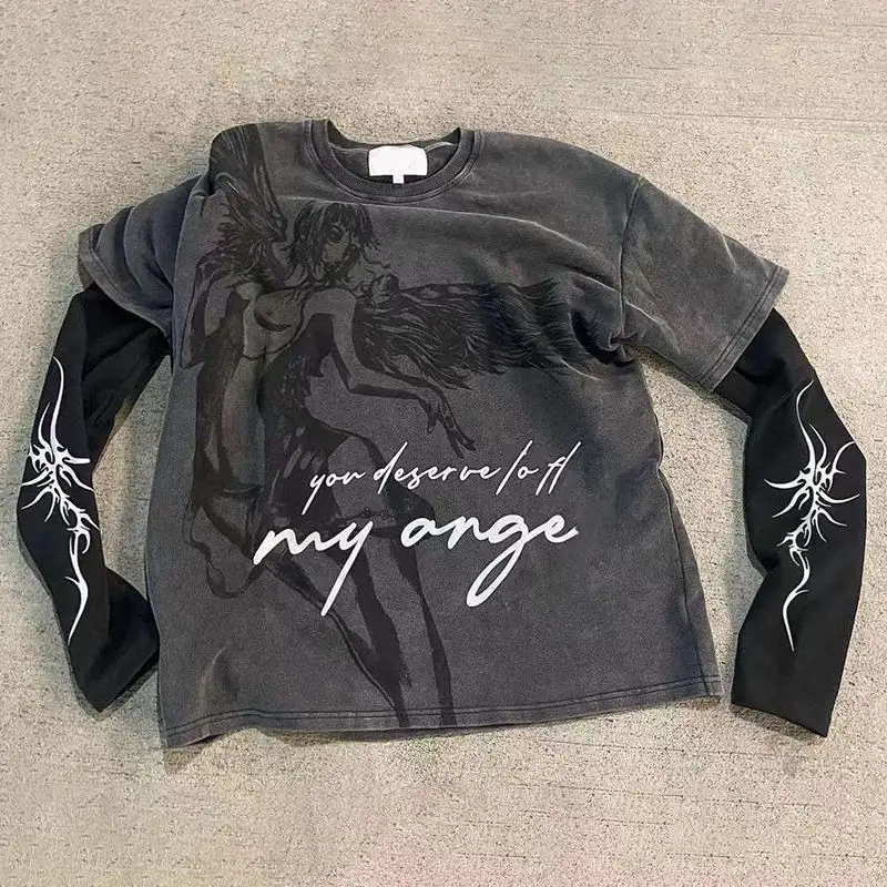 Vintage Acid Wash O Neck Collar Casual Style Double Layer T Shirt - Image 2