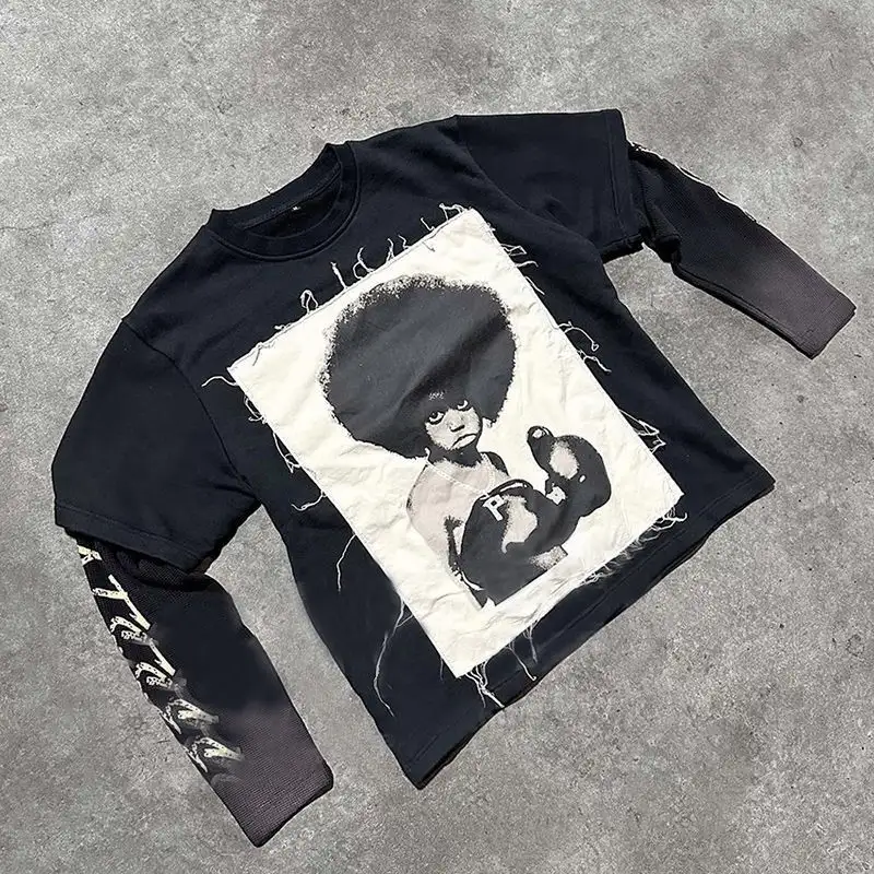 Oversized Boxy Graphic Distressed Patchwork Embroidery T Shirt