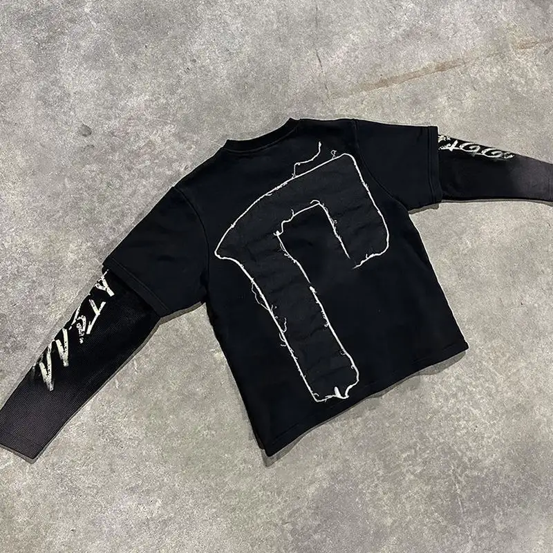 Oversized Boxy Graphic Distressed Patchwork Embroidery T Shirt - Image 2