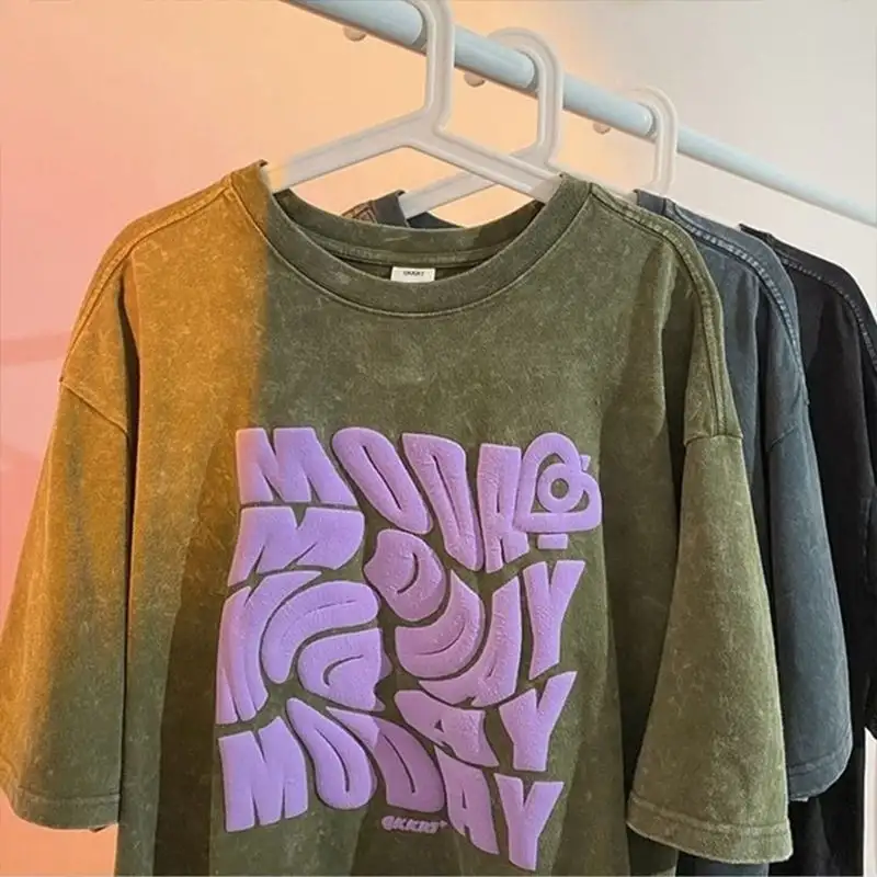 Boxy Fit Vintage Acid Wash Distressed Oversized Drop Shoulder Puff Print T Shirt