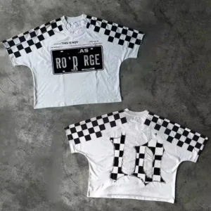 Plaid Vintage Double Layer Cotton Oversized Boxy High Quality Cropped Men T Shirt