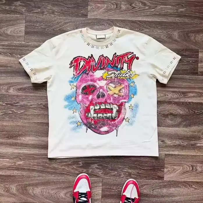 Custom Graphic Oversized Boxy Cotton Rhinestone Acid Wash Drop Shoulder T Shirt