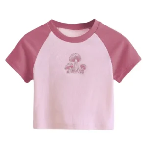 Customize Pattern Type Womens Short Sleeve T Shirt Pink Print Mushroom