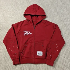 Custom Washed Red Distressed Embroidery Cotton French Terry Gemstone & Pearl Oversized Boxy Zip-Up Hoodie