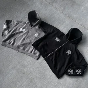 Custom Full Multi Pockets Zip Up Oversized Cropped Embroidery Print Heavyweight Hoodie
