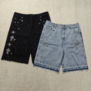 Custom Streetwear Rhinestone Vintage Black Jeans Shorts Rhinestone Denim Short