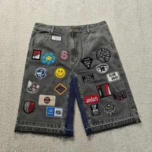 Custom Embroidery Patches Logo Baggy Jorts Streetwear High Quality Raw Hem Vintage Denim Jean Shorts