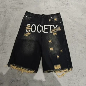 Jorts Printed Short Jeans Streetwear Vintage Black Washed Baggy Denim Shorts