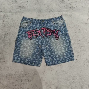 Custom High Quality Luxury Jacquard Denim Jean Shorts Vintage Washed Double Knee Heavy Cotton Baggy Jorts