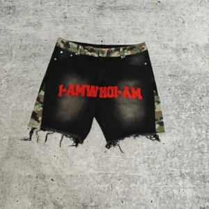 Custom Towel Embroidery Patches Logo Camo Baggy Jorts Streetwear High Quality Raw Hem Vintage Denim Jean Shorts