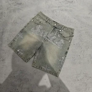 Custom Stone Washed Bling Crystal Baggy Oversized Heavyweight Streetwear Denim 100% Cotton Denim Shorts