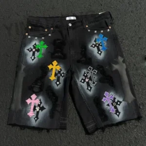 Custom High Quality Jorts Streetwear Rhinestones Short Jeans Distressed Embroidery Patchwork Denim Jorts Shorts