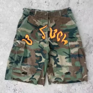 Custom New Design Summer Vintage Multi Pockets Baggy Double Waist Acid Wash Streetwear Cargo Camo Shorts