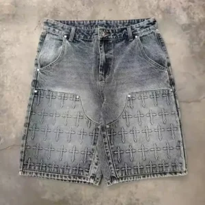 Custom Spray Washed Men Streetwear 3D Embossing Jorts Baggy Jhalf Carpenter Denim Jean Shorts