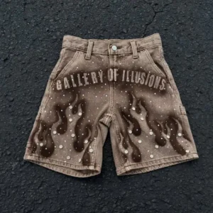 Custom Summer Rhinestone Streetwear Brown Washed Vintage Baggy Denim Shorts