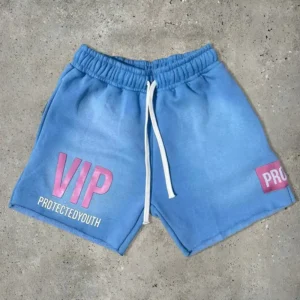 Puff Print Acid Washed Blue Cut Raw Hem Cotton Fleece Zipper Pockets Streetwear Shorts