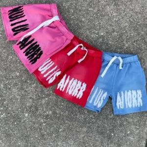 Red Running Acid Wash Distressed Vintage Style Sun Fade Sweat Shorts Embroidered Logo