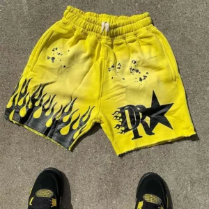 Blue Black Acid Wash Yellow Drawstring Closure Graphic Print Cotton French Terry Streetwear Shorts