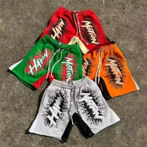 Custom Cotton Streetwear Baggy Acid Wash Puff Print Casual Plus Size Sweat Shorts