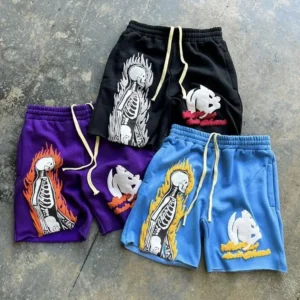 Knitted Weaving Method Vintage Acid Wash Faded Puff Print Shorts