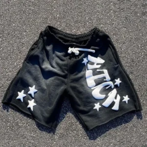 Sun Faded Acid Wash Streetwear Shorts With Raw Hem And Rhinestone Puff Print