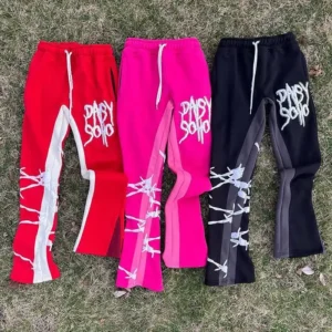 Black Flared Blank 3D Puff Print Casual Daily Life Acid Wash French Terry Sweatpant